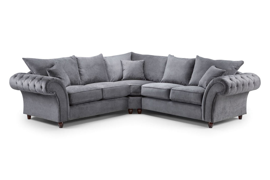 Luxurious Windsor Fullback Grey Large Corner Sofa with Button-Tufted Scroll Arms