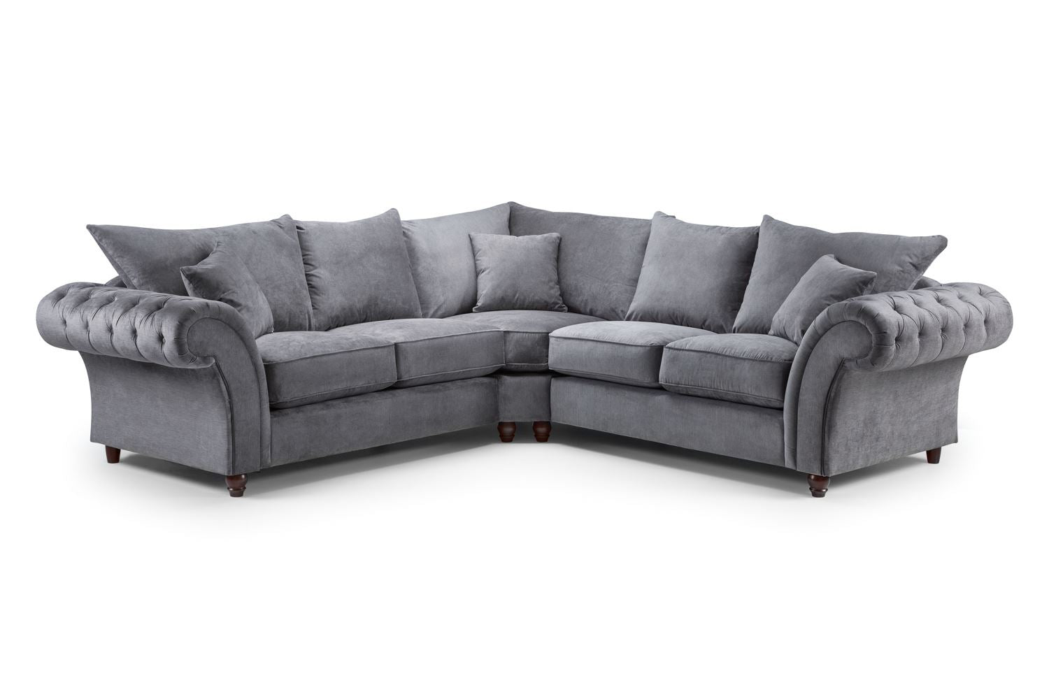Luxurious Windsor Fullback Grey Large Corner Sofa with Button-Tufted Scroll Arms