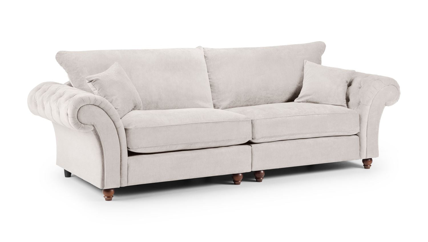 Windsor Fullback 4 Seater Sofa: Grey Fabric, Button-Tufted Scroll Arms