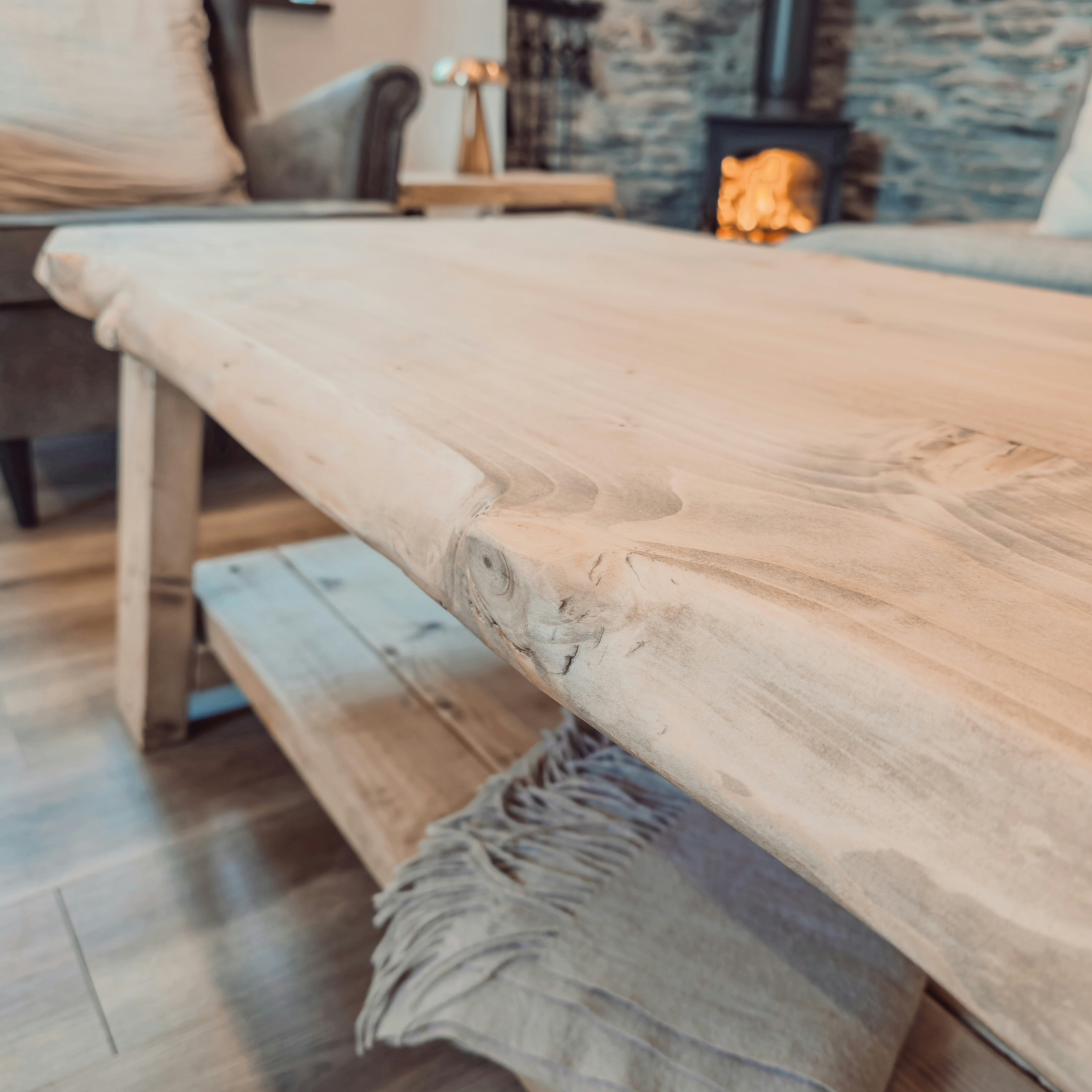 Cara Live Edge Rustic Wooden Coffee Table With Shelf