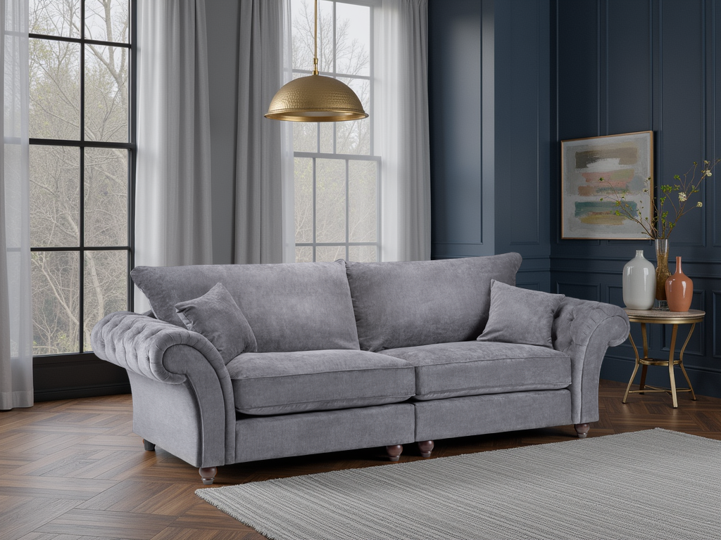 Windsor Fullback 4 Seater Sofa: Grey Fabric, Button-Tufted Scroll Arms