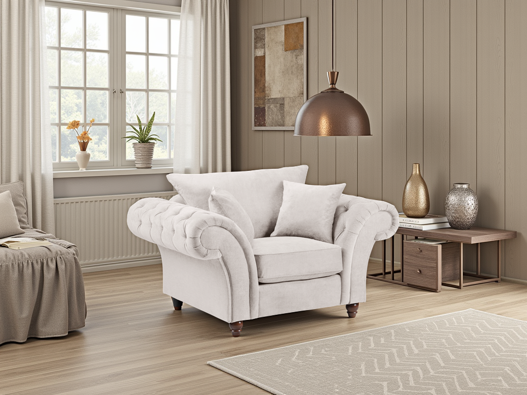 Elegant Windsor Fullback Stone Armchair: Tufted Scroll Arms, Removable Covers
