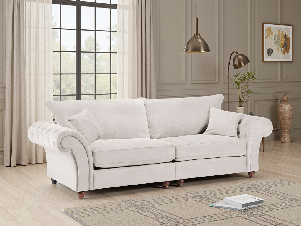 Windsor Fullback 4 Seater Sofa: Grey Fabric, Button-Tufted Scroll Arms