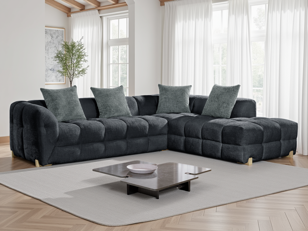 Luxurious Genoa L-Shape Corner Sofa: Plush Charcoal Fabric, Right Hand Configuration