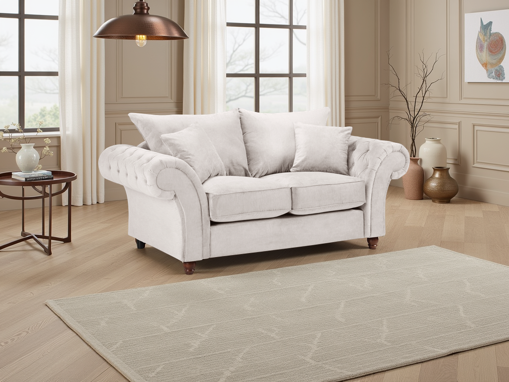 Windsor Fullback Grey Two-Seater Sofa: Button-Tufted Scroll Arms, Solid Wood Frame