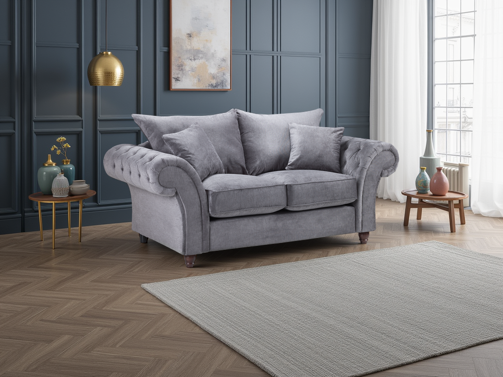 Windsor Fullback Grey Two-Seater Sofa: Button-Tufted Scroll Arms, Solid Wood Frame