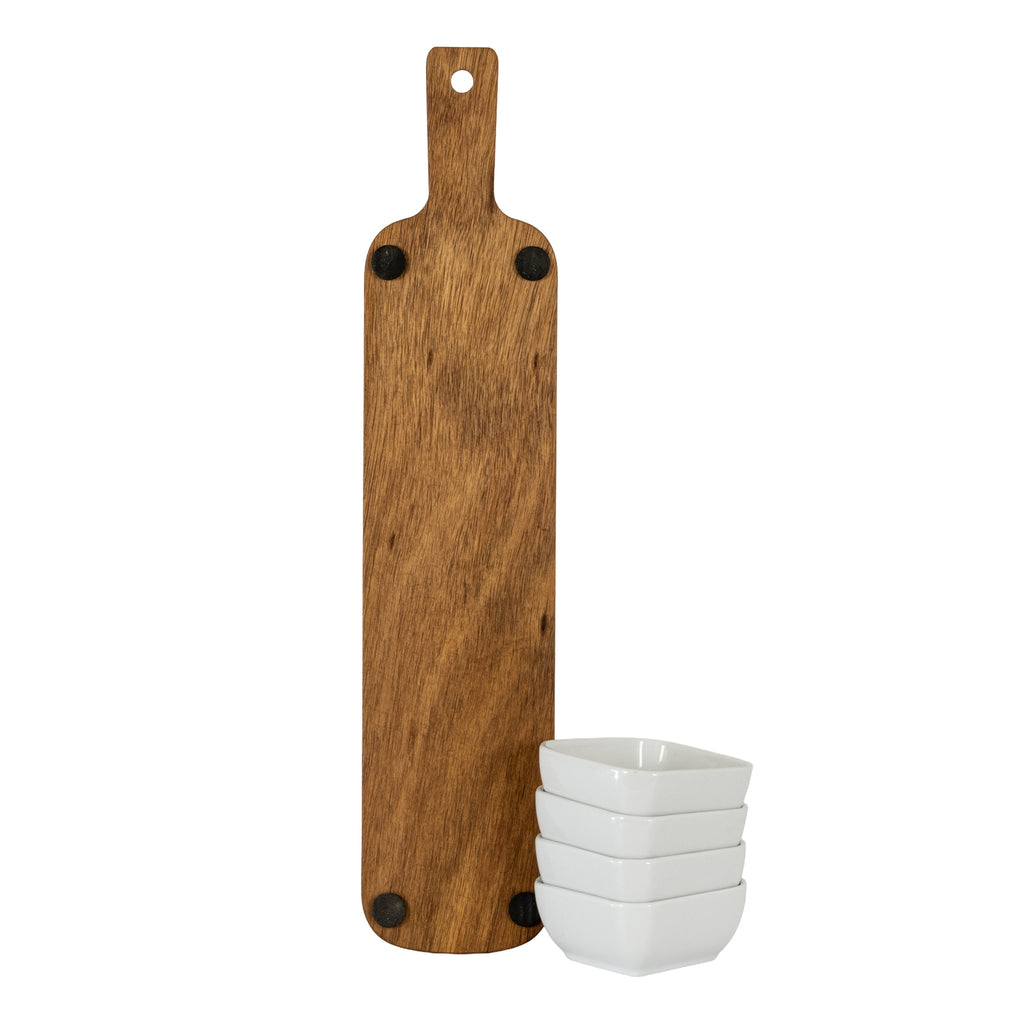 Acacia Serving Board including Four Ceramic Serving Bowls