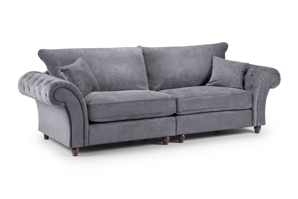 Windsor Fullback 4 Seater Sofa: Grey Fabric, Button-Tufted Scroll Arms