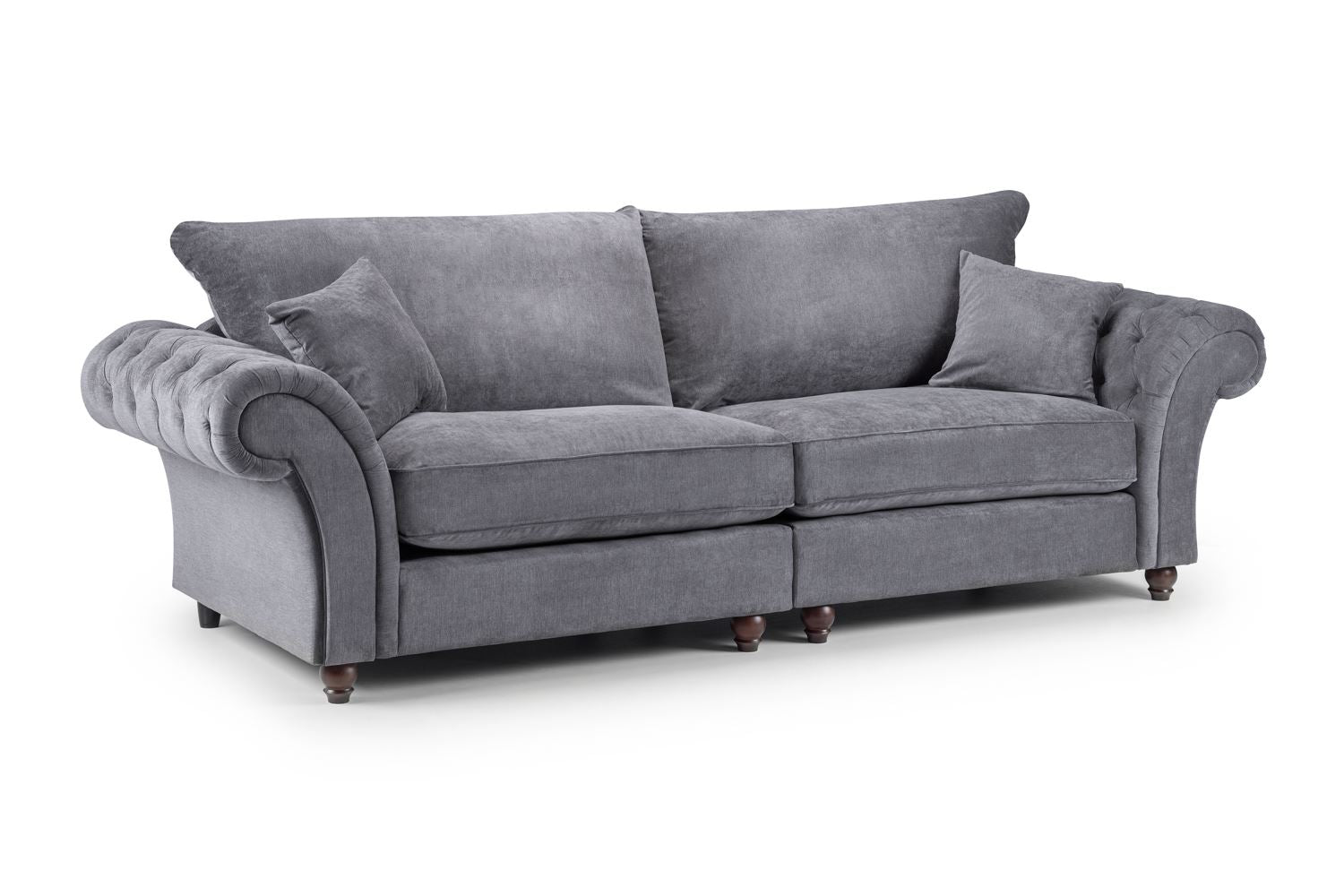 Windsor Fullback 4 Seater Sofa: Grey Fabric, Button-Tufted Scroll Arms
