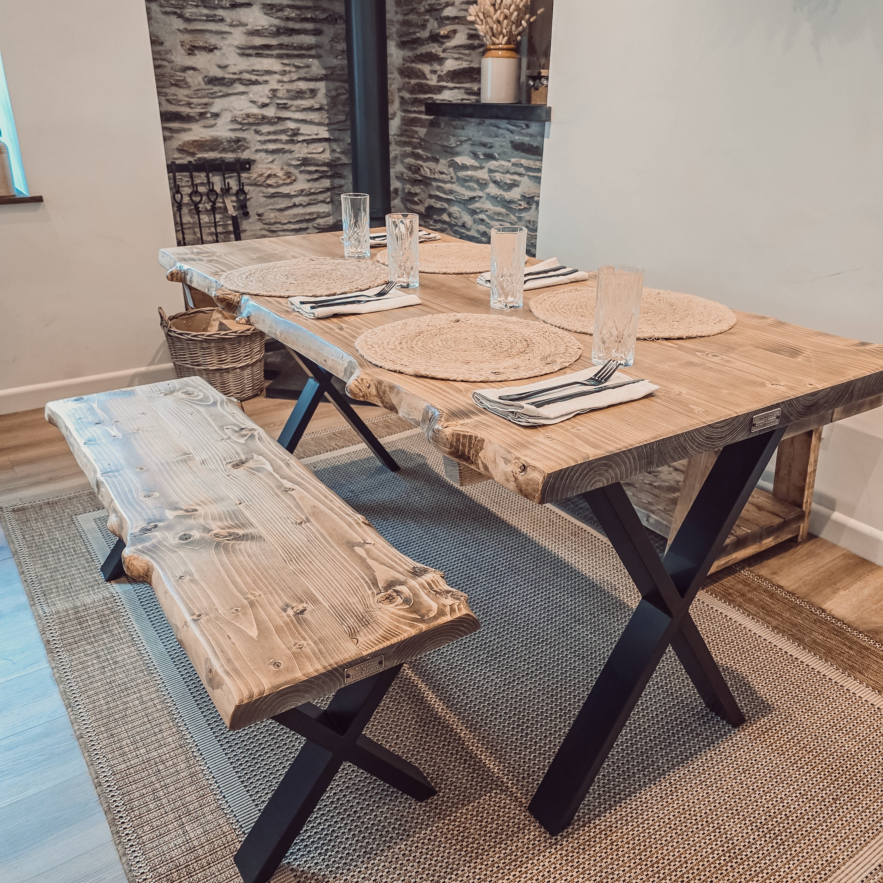 Live / Waney Edge Dining Table With X Cross Metal Legs