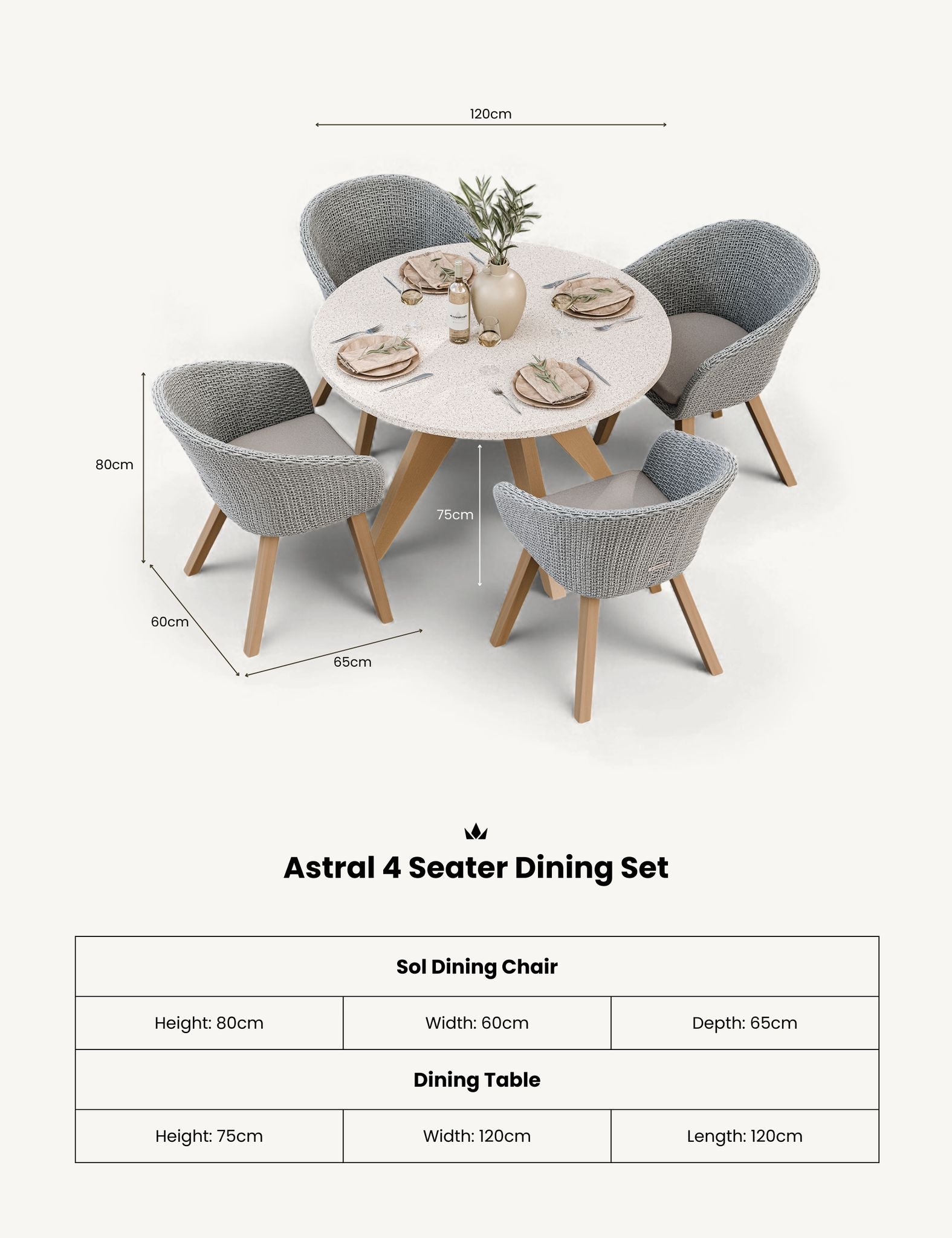 Astral 4 Seater Round Terrazzo Concrete Dining Set with Sol Dining Chairs