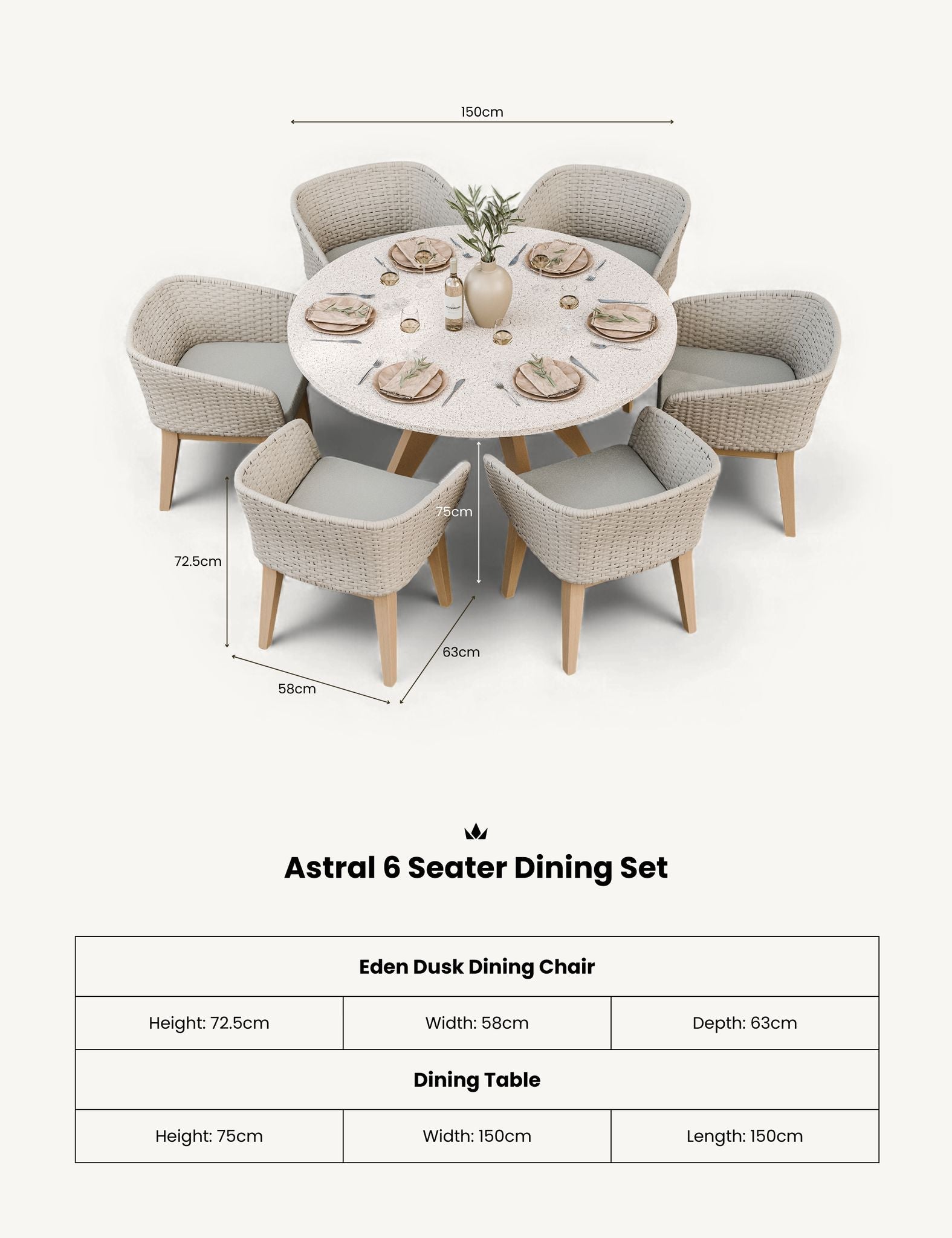 Astral 6 Seater Round Terrazzo Concrete Dining Set with Eden Dusk Dining Chairs