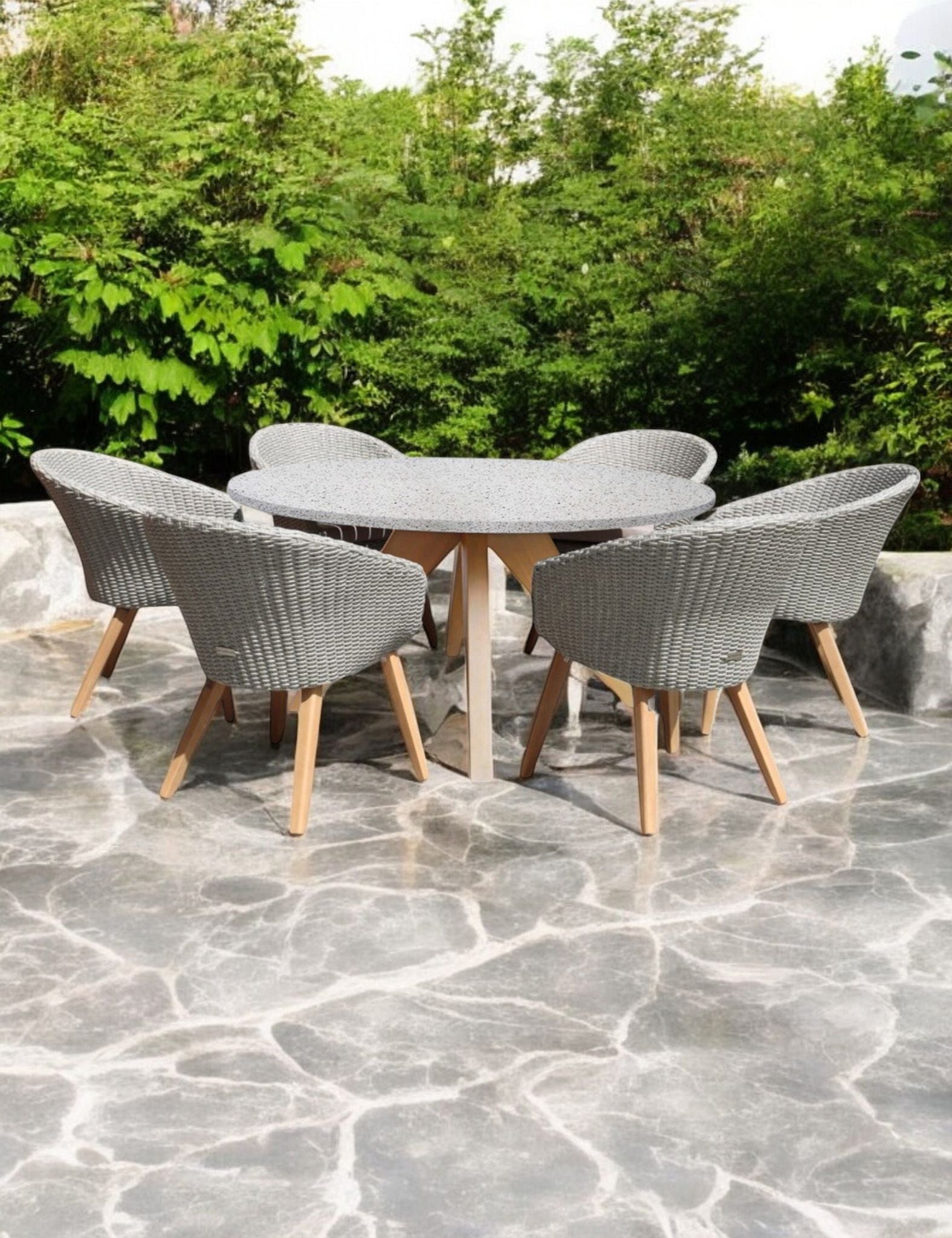 Astral 6 Seater Round Concrete Terrazzo Dining Set with Sol Dining Chairs