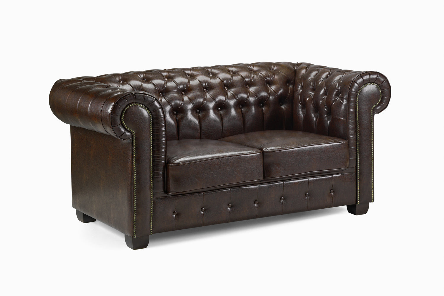 Luxury Antique Brown Chesterfield 2-Seater Sofa - Classic Tufted Design, Solid Wood Legs