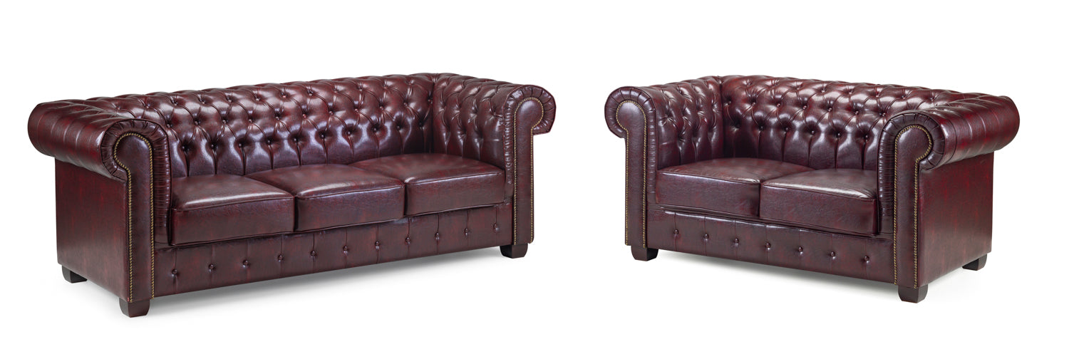 Classic Chesterfield Oxblood Red 3+2 Sofa Set: Elegant Tufted Faux Leather Design