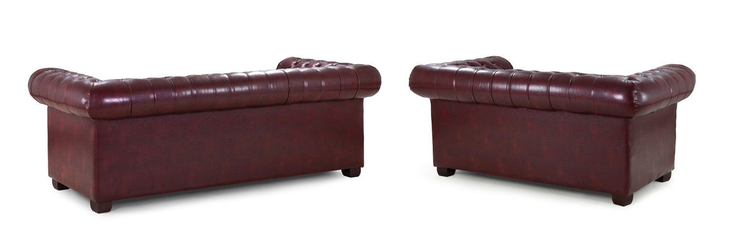 Classic Chesterfield Oxblood Red 3+2 Sofa Set: Elegant Tufted Faux Leather Design