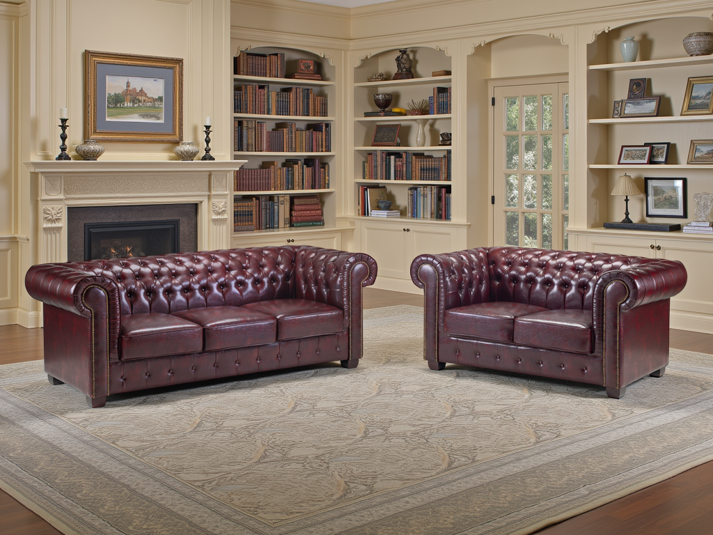 Classic Chesterfield Oxblood Red 3+2 Sofa Set: Elegant Tufted Faux Leather Design