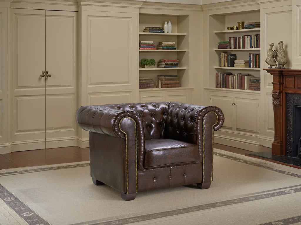 Luxury  Chesterfield Armchair - Buttoned, Scroll Arms, Solid Wood Frame