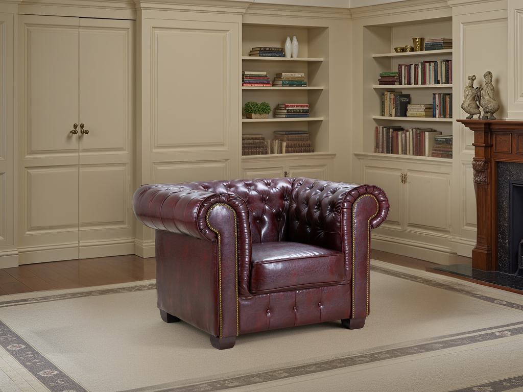 Luxury  Chesterfield Armchair - Buttoned, Scroll Arms, Solid Wood Frame