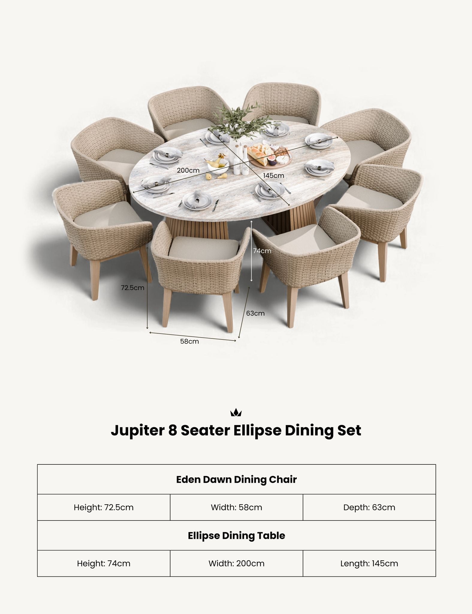Jupiter 8 Seater Ellipse D Conical Dining Set with Eden Dawn Dining Chairs