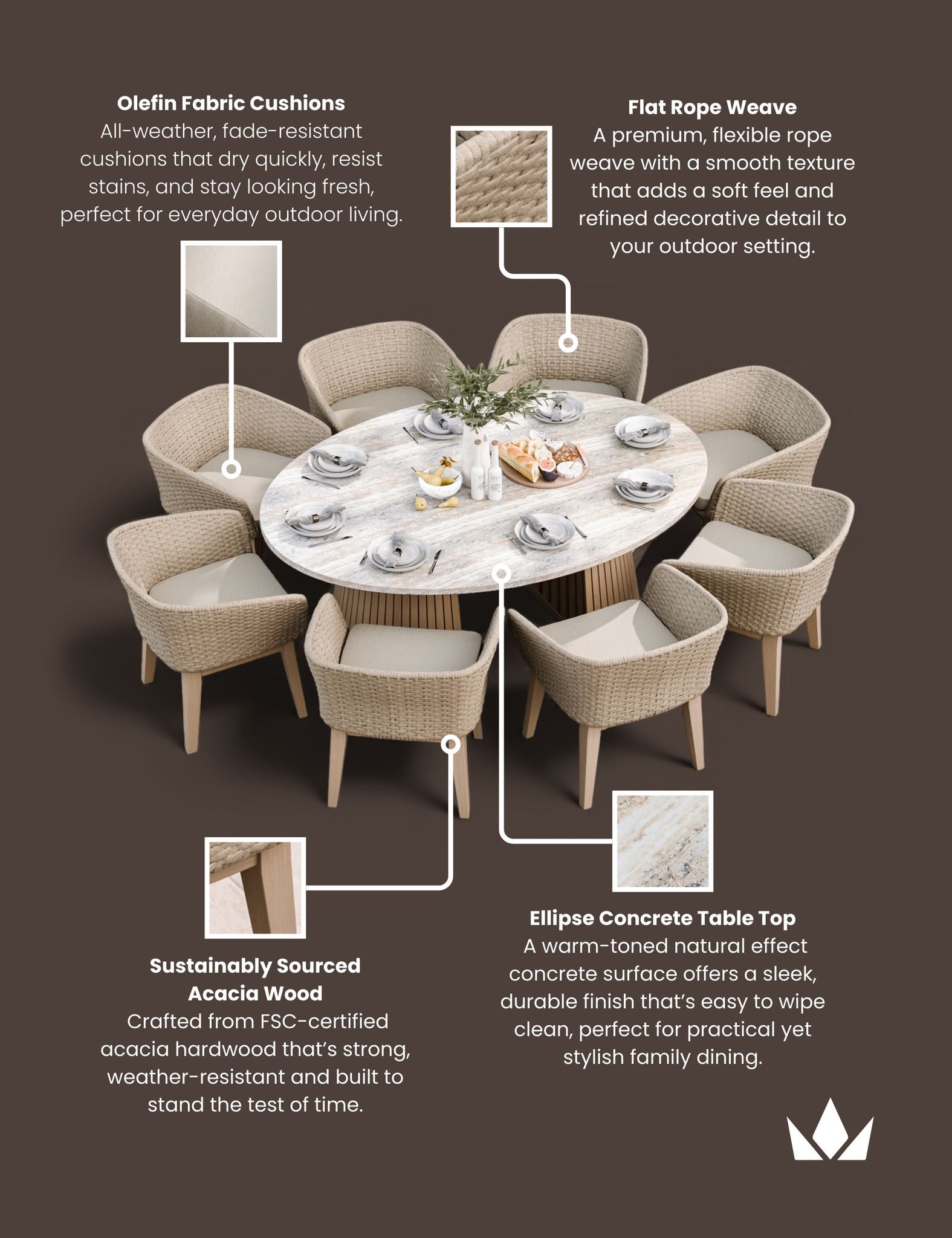 Jupiter 8 Seater Ellipse D Conical Dining Set with Eden Dawn Dining Chairs