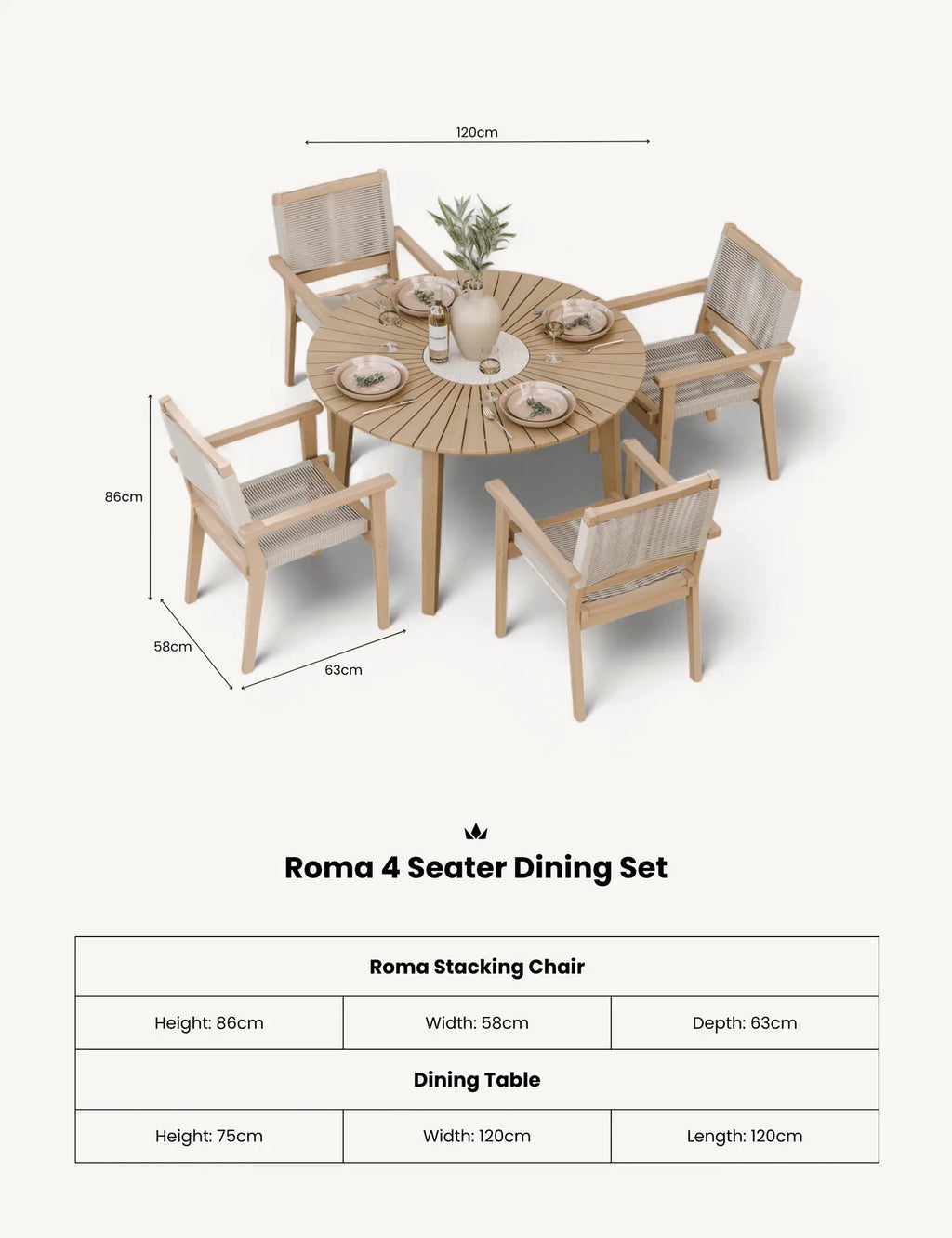 Roma 4 Seater Round Sunray with Terrazzo Insert Dining Set with Roma Rope Stacking Chairs