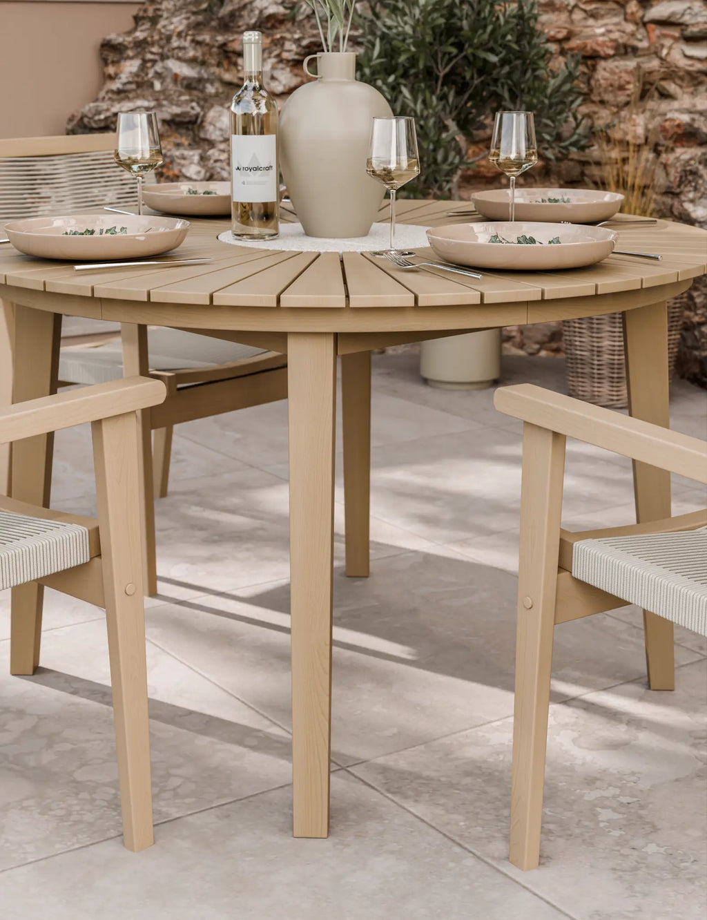 Roma 4 Seater Round Sunray with Terrazzo Insert Dining Set with Roma Rope Stacking Chairs