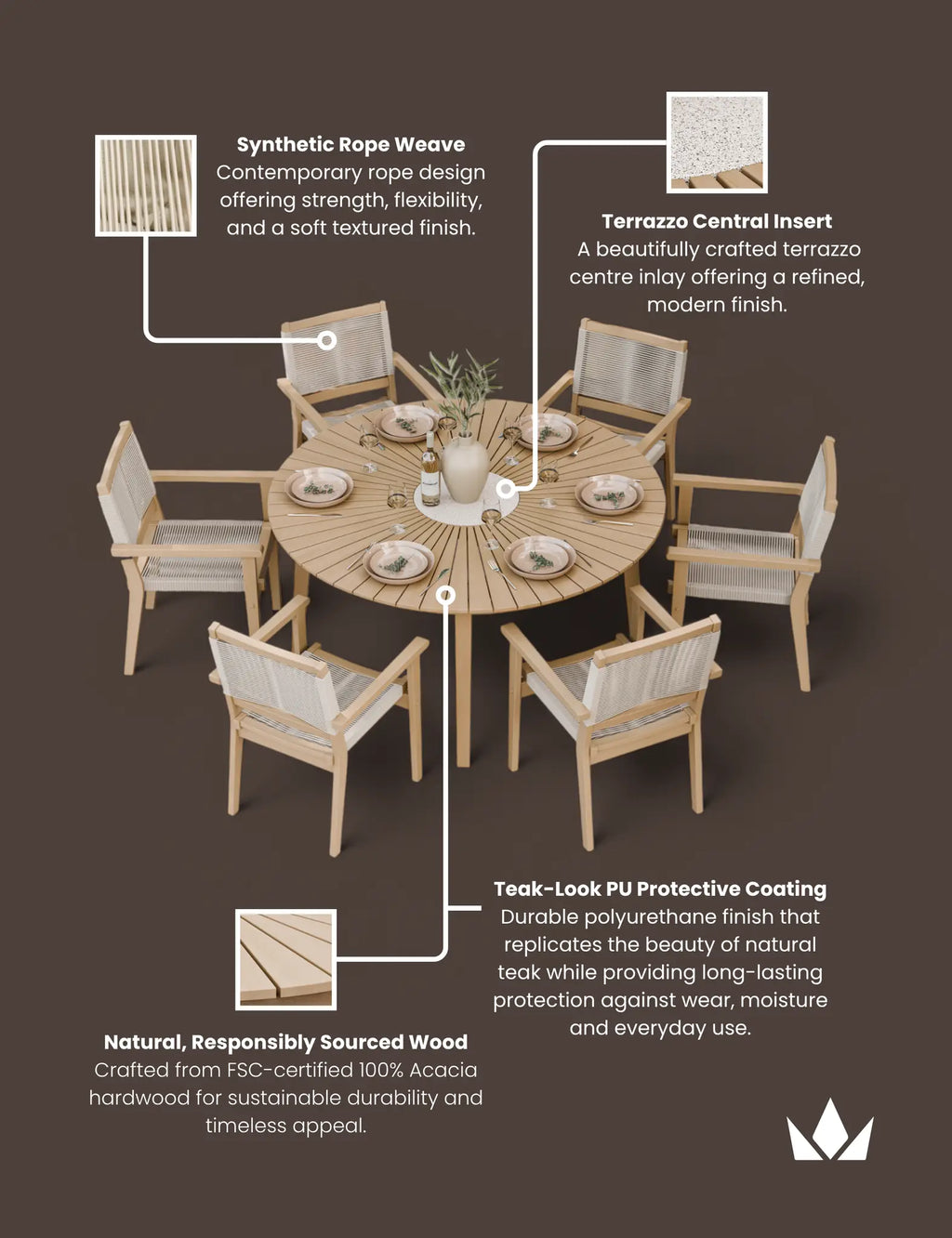 Roma 6 Seater Round Sunray with Terrazzo Insert Dining Set with Roma Rope Stacking Chairs