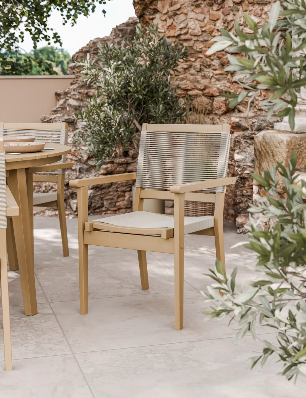 Roma 6 Seater Round Sunray with Terrazzo Insert Dining Set with Roma Rope Stacking Chairs