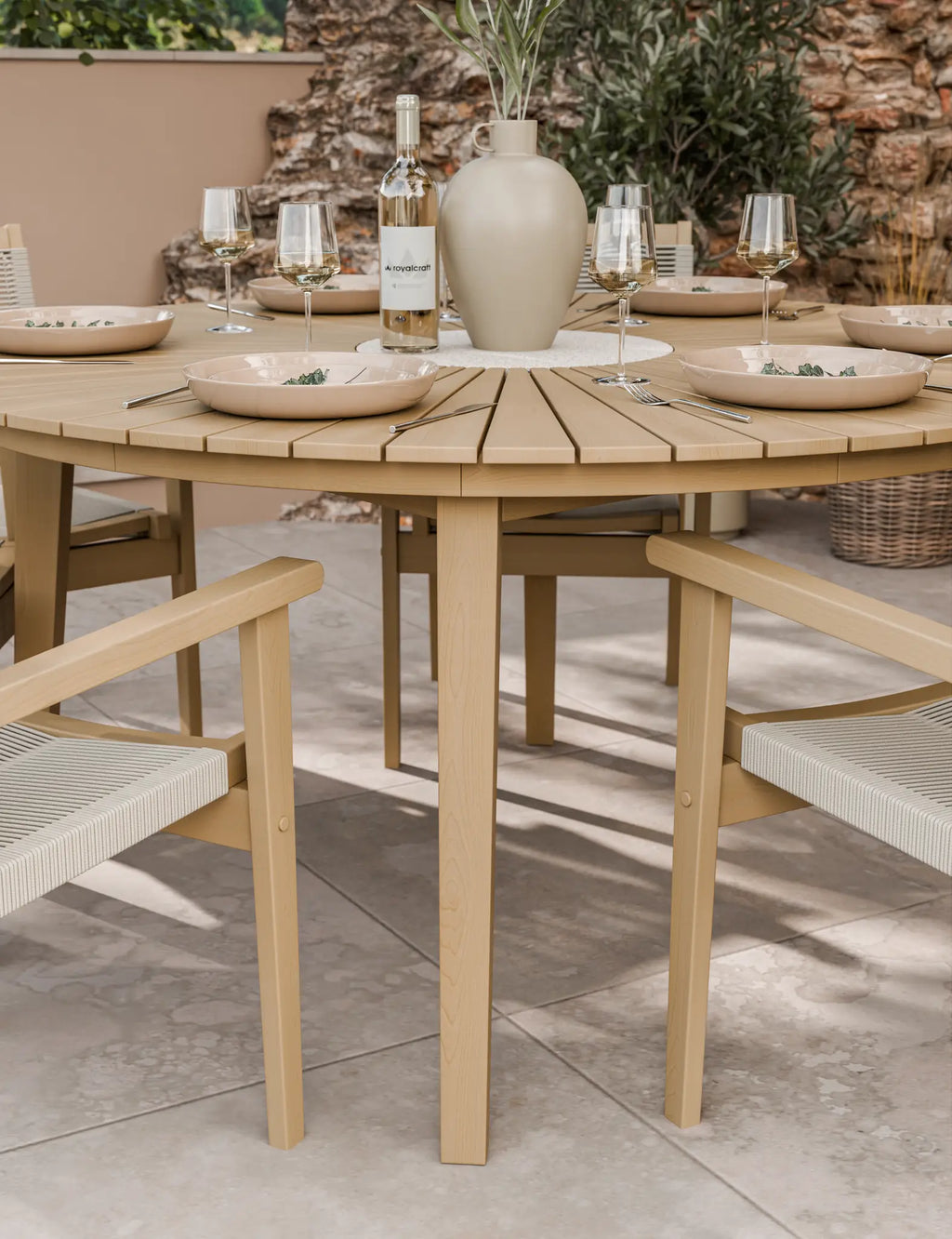 Roma 6 Seater Round Sunray with Terrazzo Insert Dining Set with Roma Rope Stacking Chairs