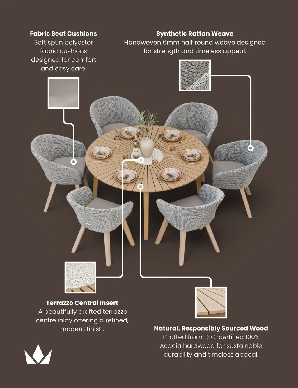 Roma 6 Seater 150cm Round Sunray with Terrazzo Insert Dining Set with 6 Sol Dining Chairs
