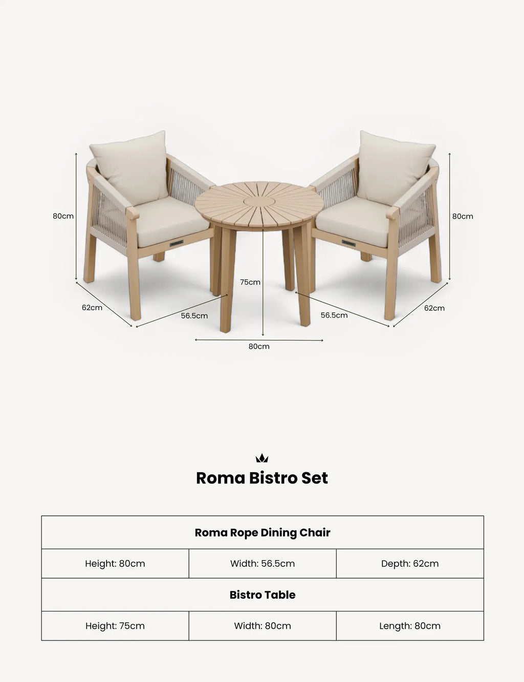 Roma 2 Seater Round Sunray Bistro Set with Roma Dining Chairs