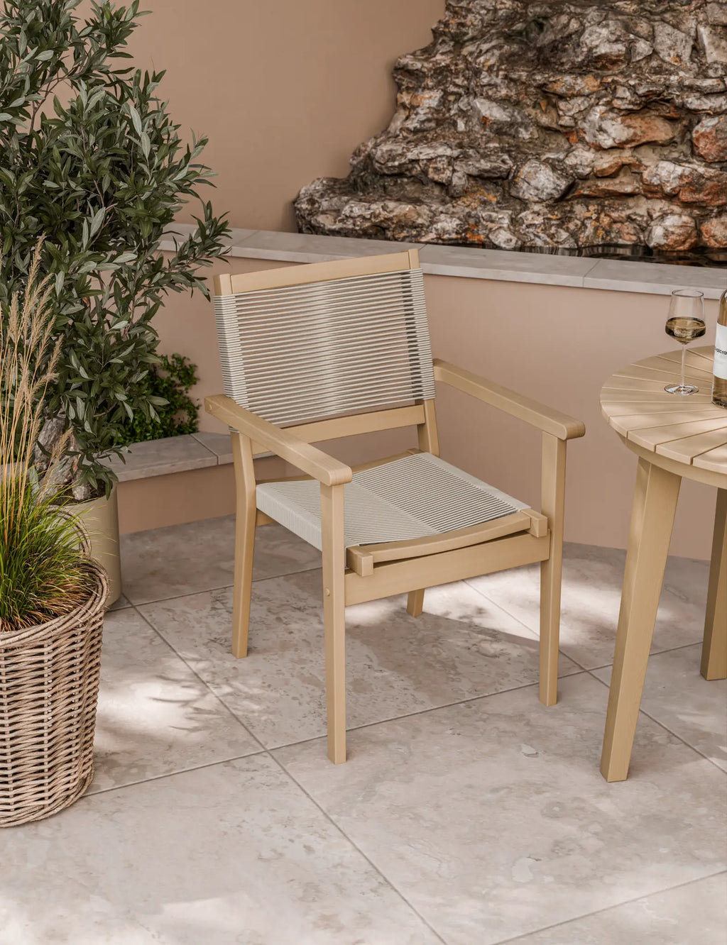 Roma 80cm Round Sunray Bistro Set with Roma Rope Stacking Chairs