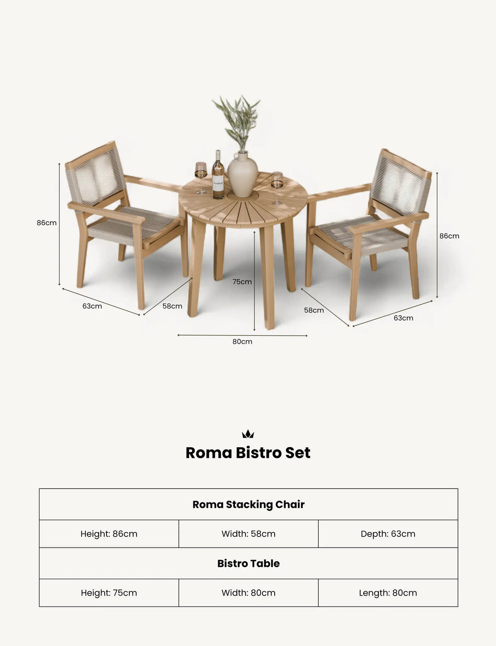 Roma 80cm Round Sunray Bistro Set with Roma Rope Stacking Chairs