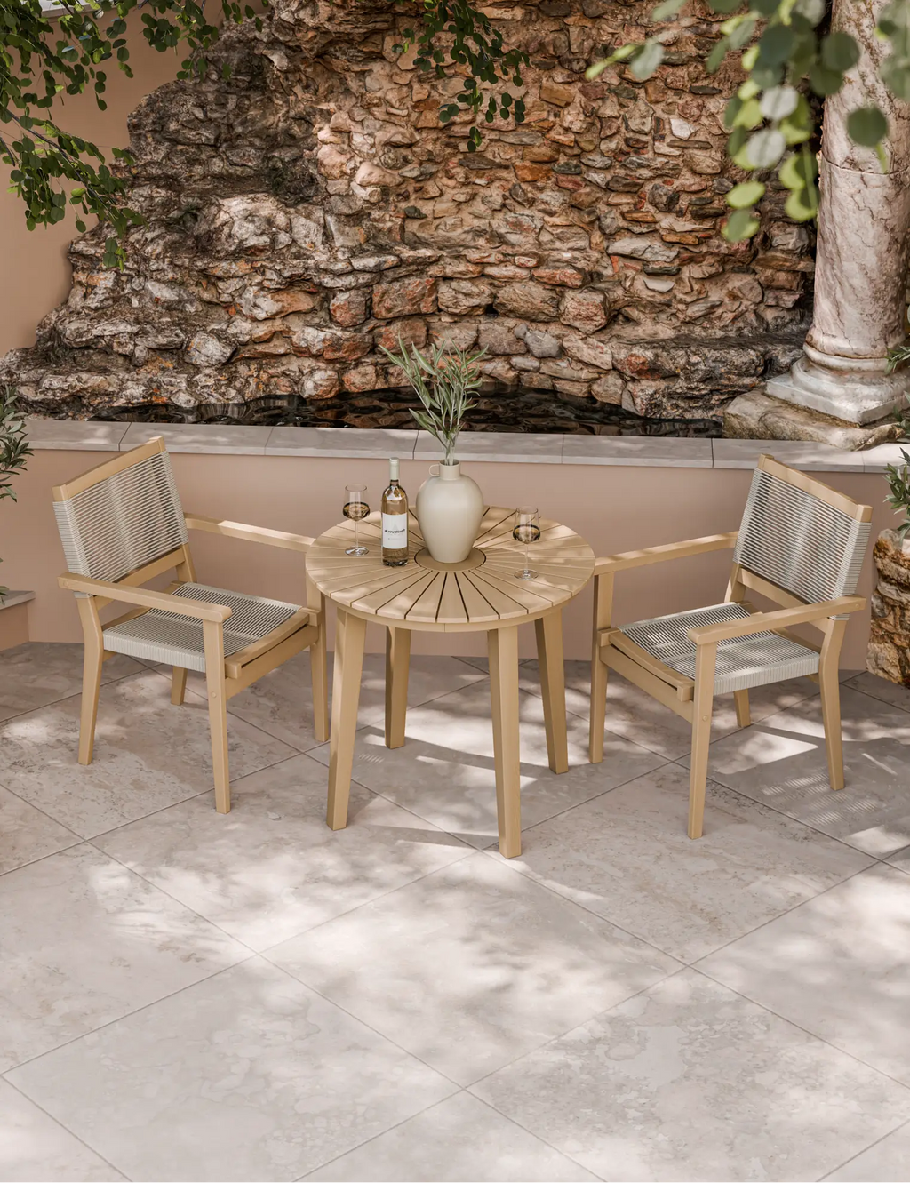 Roma 80cm Round Sunray Bistro Set with Roma Rope Stacking Chairs