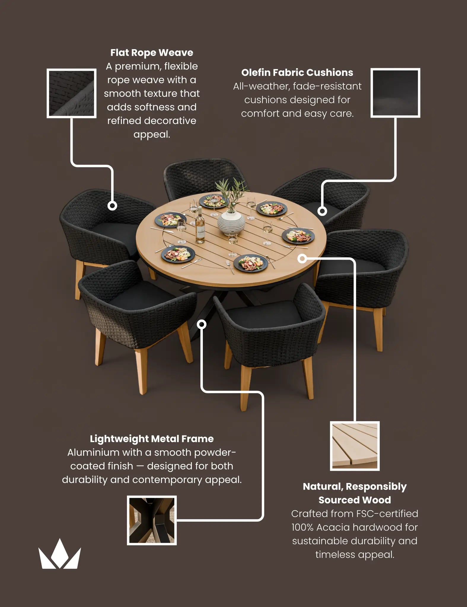 Tuscany 6 Seater Round Dining Set with Eden Night Dining Chairs