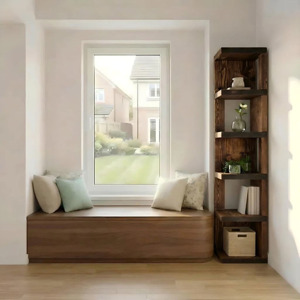 Valora Solid Wood Corner Bookshelf In Walnut Colour – Natural Finish Open Bookcase, Rustic Scandinavian Design