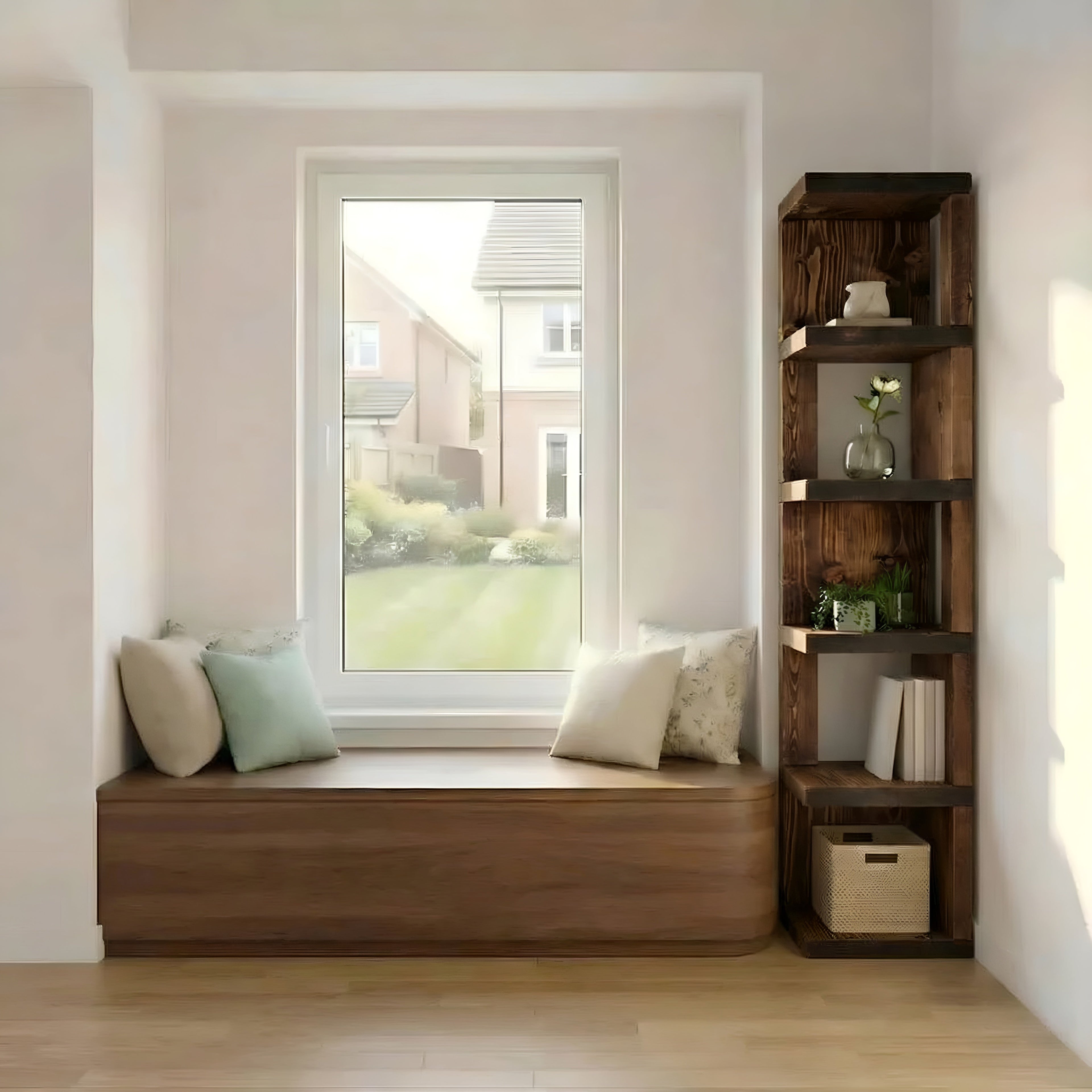 Valora Solid Wood Corner Bookshelf In Walnut Colour – Natural Finish Open Bookcase, Rustic Scandinavian Design