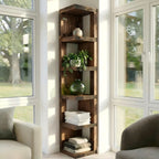 Valora Solid Wood Corner Bookshelf In Walnut Colour – Natural Finish Open Bookcase, Rustic Scandinavian Design