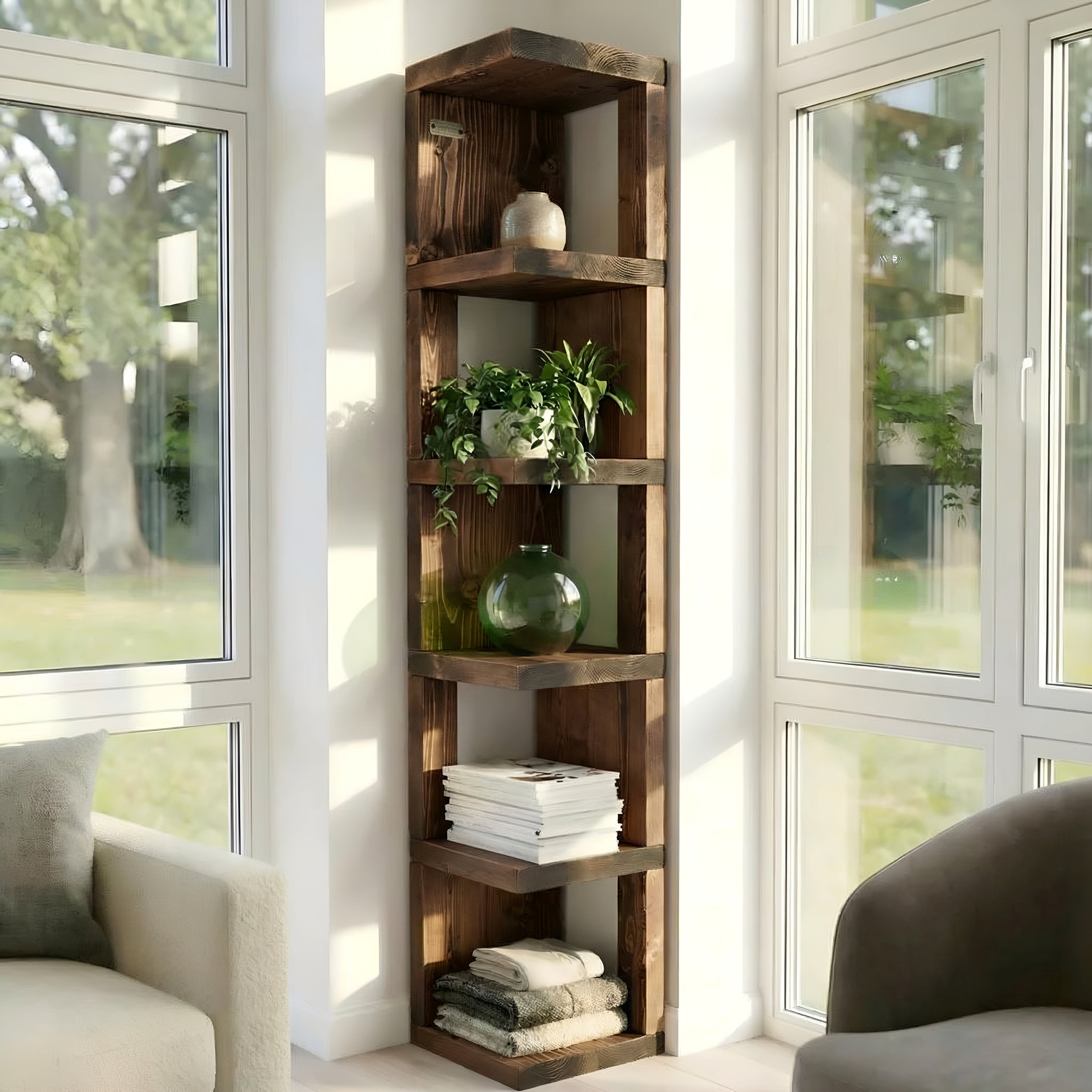 Valora Solid Wood Corner Bookshelf In Walnut Colour – Natural Finish Open Bookcase, Rustic Scandinavian Design