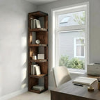 Valora Solid Wood Corner Bookshelf In Walnut Colour – Natural Finish Open Bookcase, Rustic Scandinavian Design