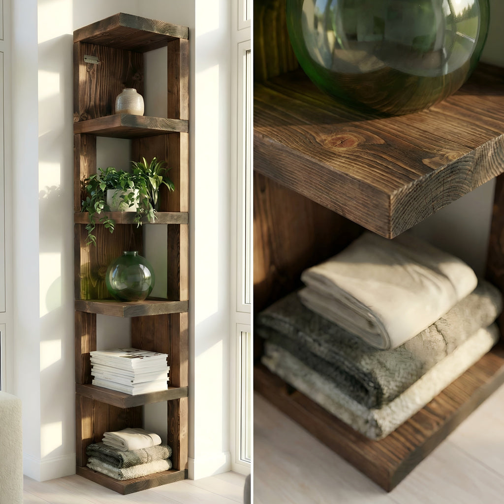 Valora Solid Wood Corner Bookshelf In Walnut Colour – Natural Finish Open Bookcase, Rustic Scandinavian Design