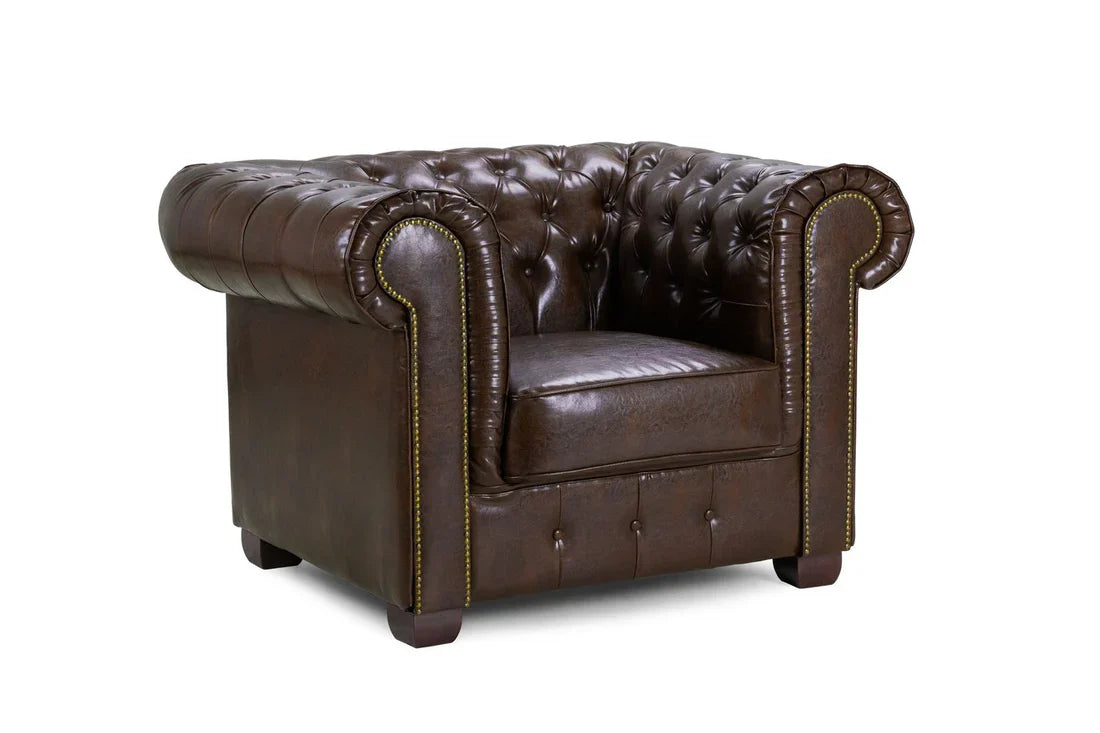 Luxury  Chesterfield Armchair - Buttoned, Scroll Arms, Solid Wood Frame