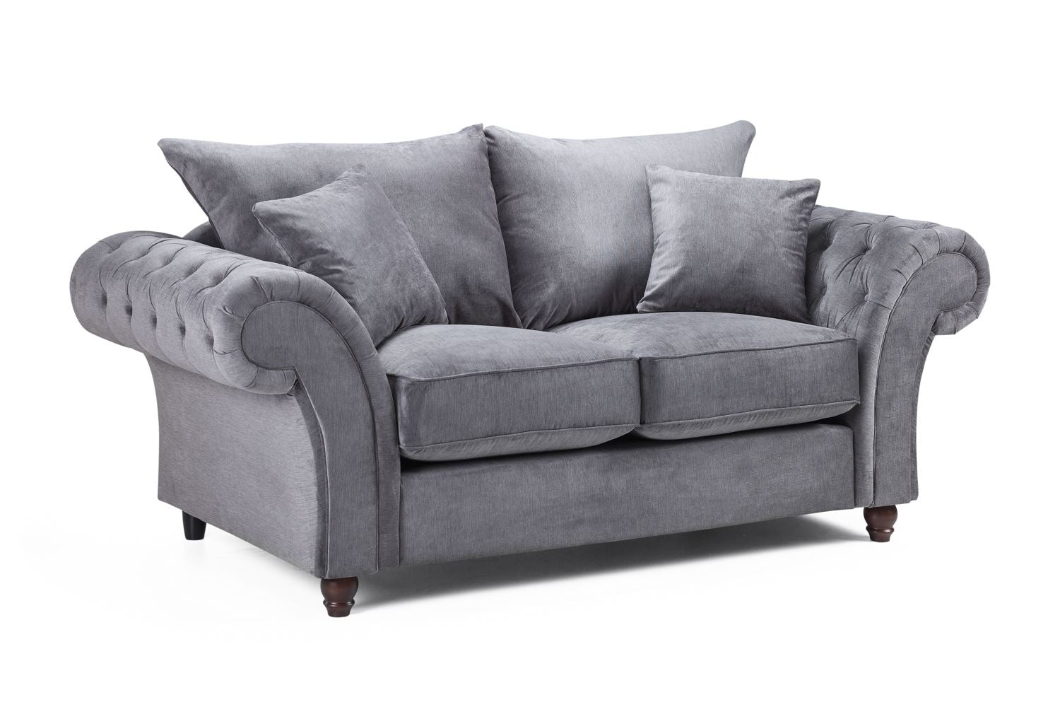 Windsor Fullback Grey Two-Seater Sofa: Button-Tufted Scroll Arms, Solid Wood Frame
