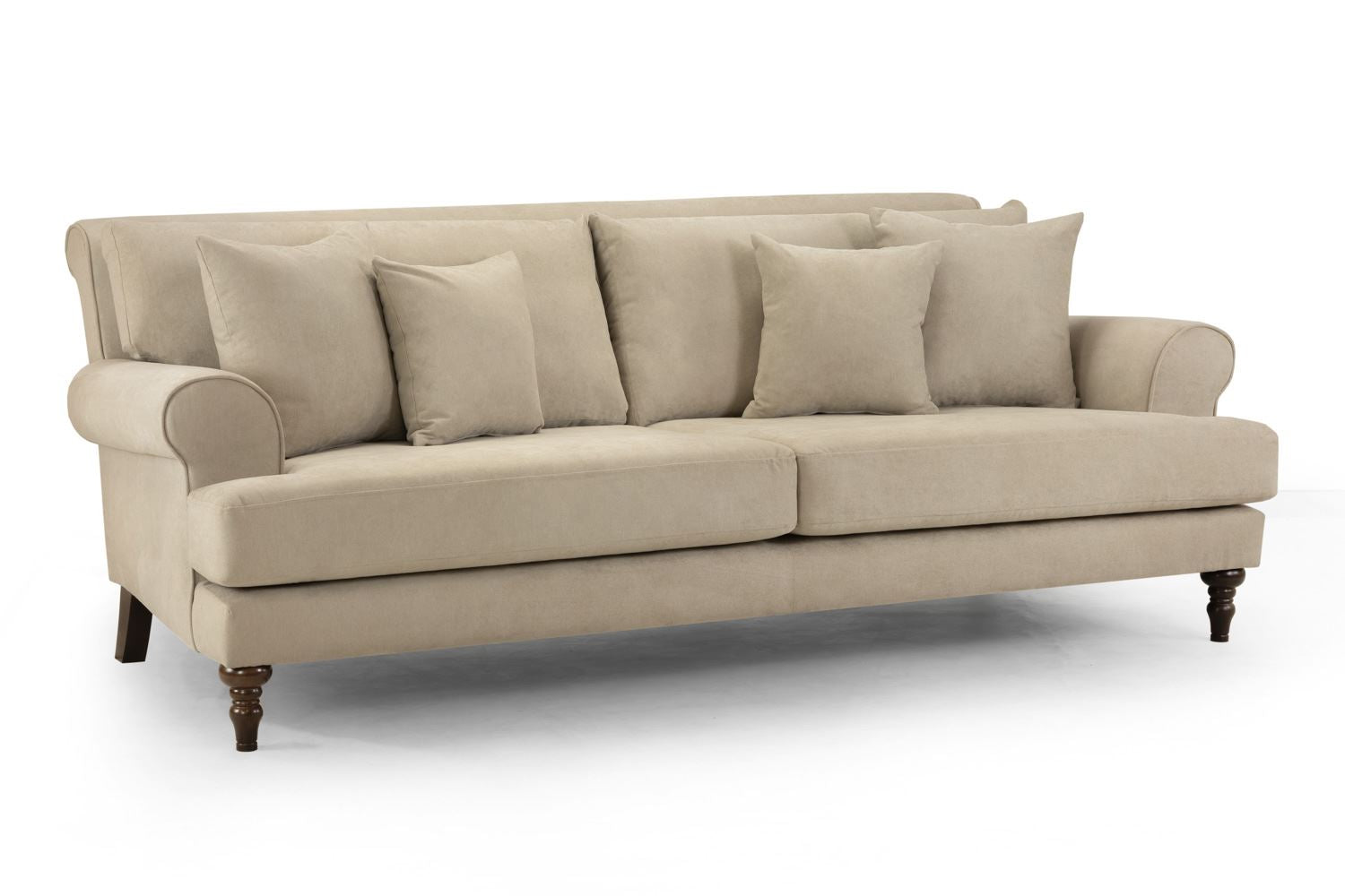 Luxurious Summer Beige Four-Seater Sofa with Scrolled Arms & Comfort Cushions