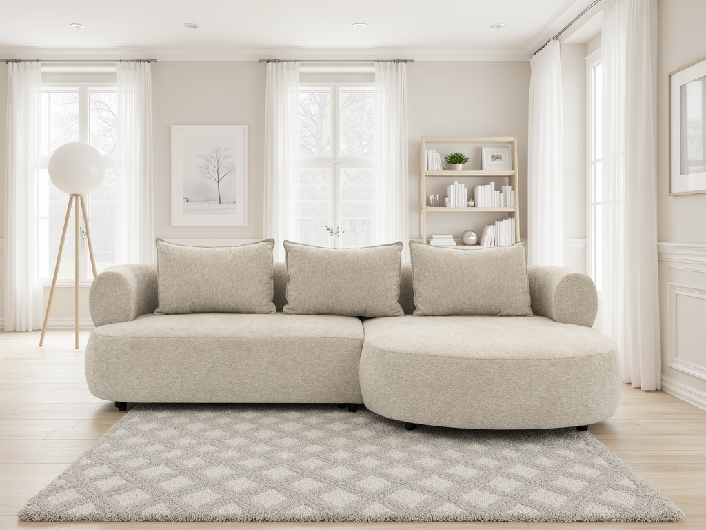 Ferro Beige Right Hand Corner Sofa: Modern Curved Design, Plush Fabric Comfort