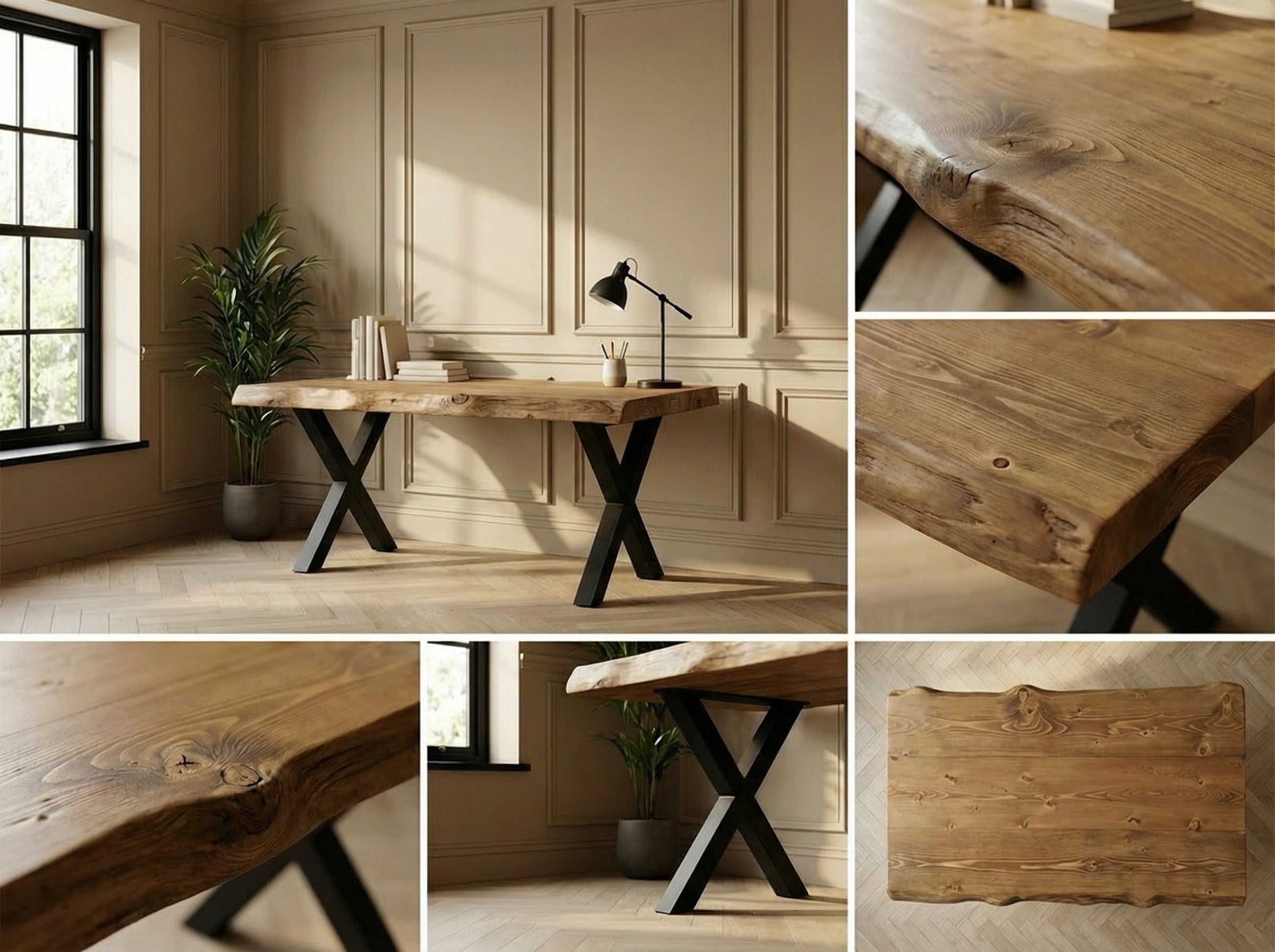 Live / Waney Edge Study Desk / Table With X Cross Metal Legs